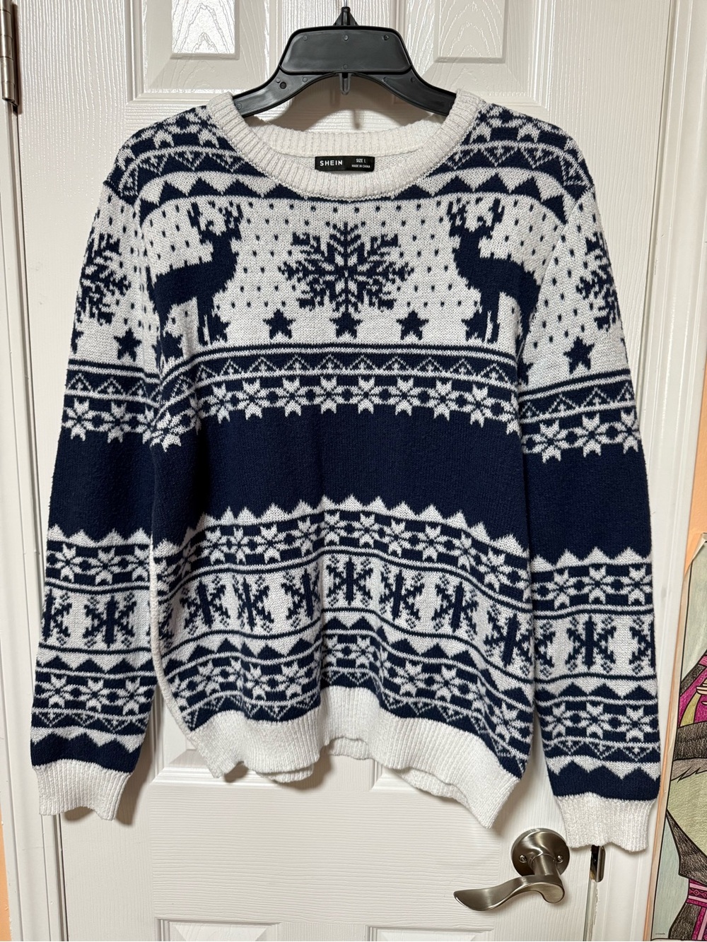 SHEIN Navy & White Fair Isle Reindeer Crewneck Sweater